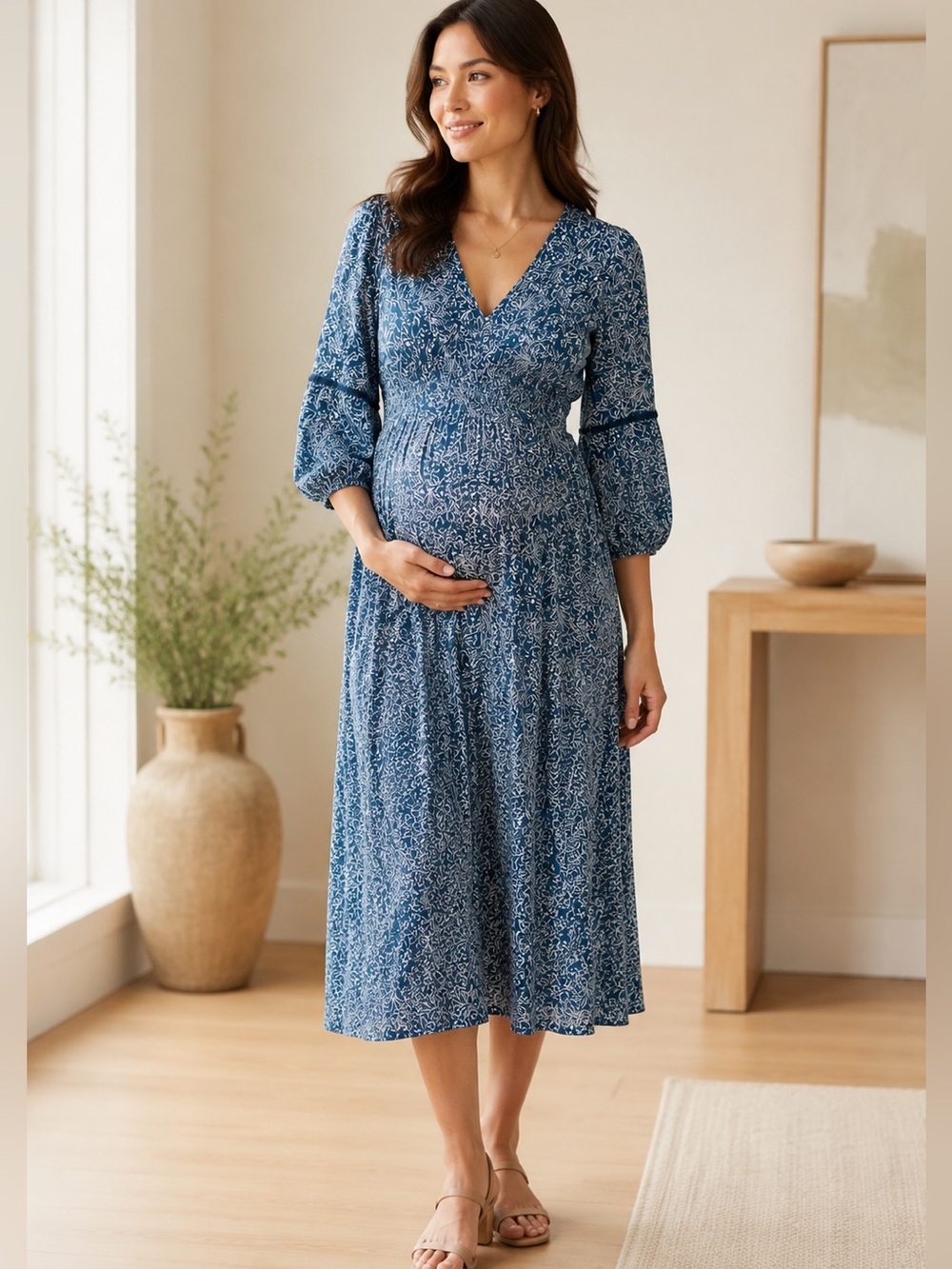 HATCH Blue Floral Smocked Maternity Midi Dress XS V Neck